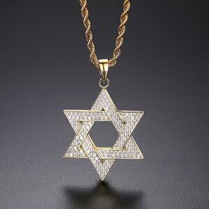 Mens Gold Star of David Necklace Rhinestone Encrusted